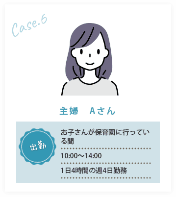 CASE06/主婦　Aさん、出勤:お子さんが学保育園に行っている間10:00～14:001日4時間の週4日勤務