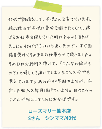 40代で離婚をして、子供2人を育てています。親の理由で子供に苦労を掛けたくなく、稼げるお仕事を探していた時にチャットを知りました。40代でもいいとあったので、すぐ面接を受けてそのままお仕事させて頂きました。その日にお給料を頂けて、「こんなに稼げるの？」と嬉しくて泣いてしまったことを今でも覚えています。あれから4年経ちますが、安定した収入を毎月稼げています。日々スタッフさんが励ましてくれたおかげです。ローズマリー熊本店　Sさん　シンママ/40代